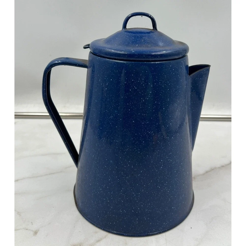 Vintage Blue Speckled Enamelware Coffee Percolator Pot Rustic Camping Farmhouse